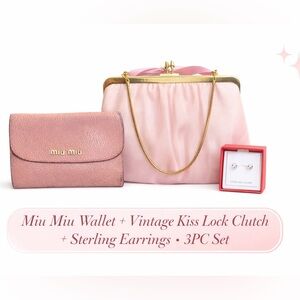 Miu Miu Pink Wallet + Vintage Kiss Lock Clutch + Sterling Earrings 💕 3PC Bundle